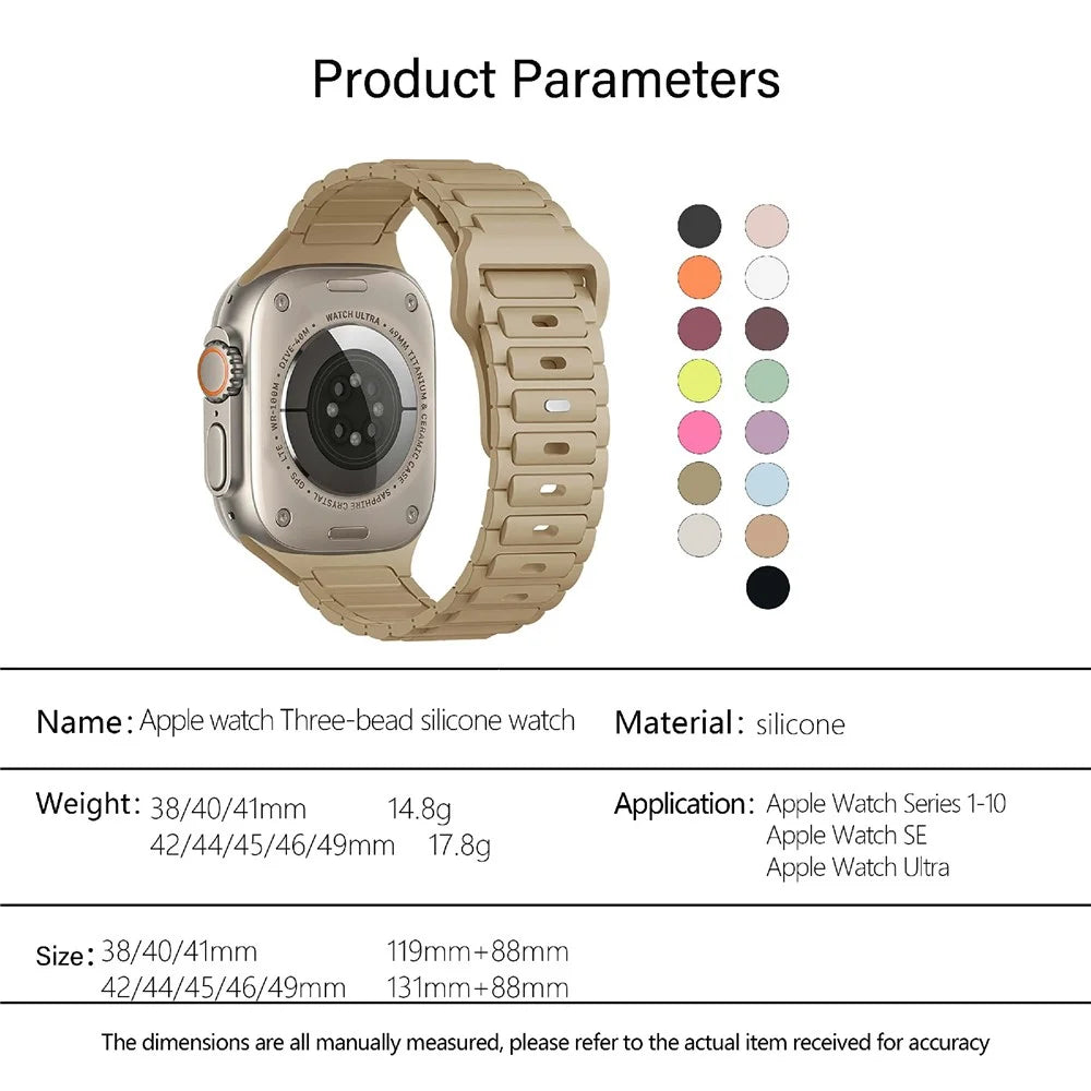 KALEBOL Watch Strap for Apple Watch Series 11 10 42mm / 9 8 7 41mm / SE3 SE2 SE 6 5 4 40mm / 3 2 1 38mm Three Bead Silicone Band - Brown - 5