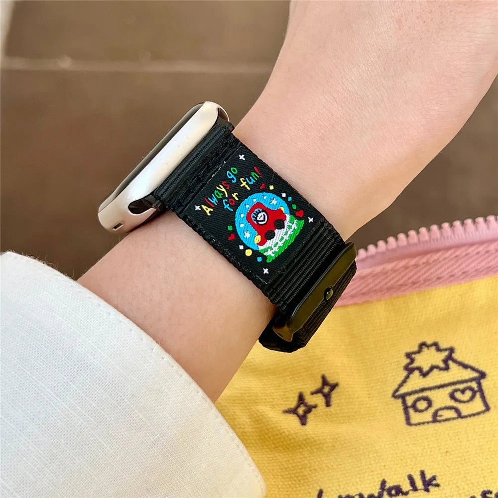 Canvas Watch Band for Apple Watch Series 11 10 42mm / 9 8 7 41mm / SE3 SE2 SE 6 5 4 40mm / 3 2 1 38mm Love Label Wrist Strap - Black - 4