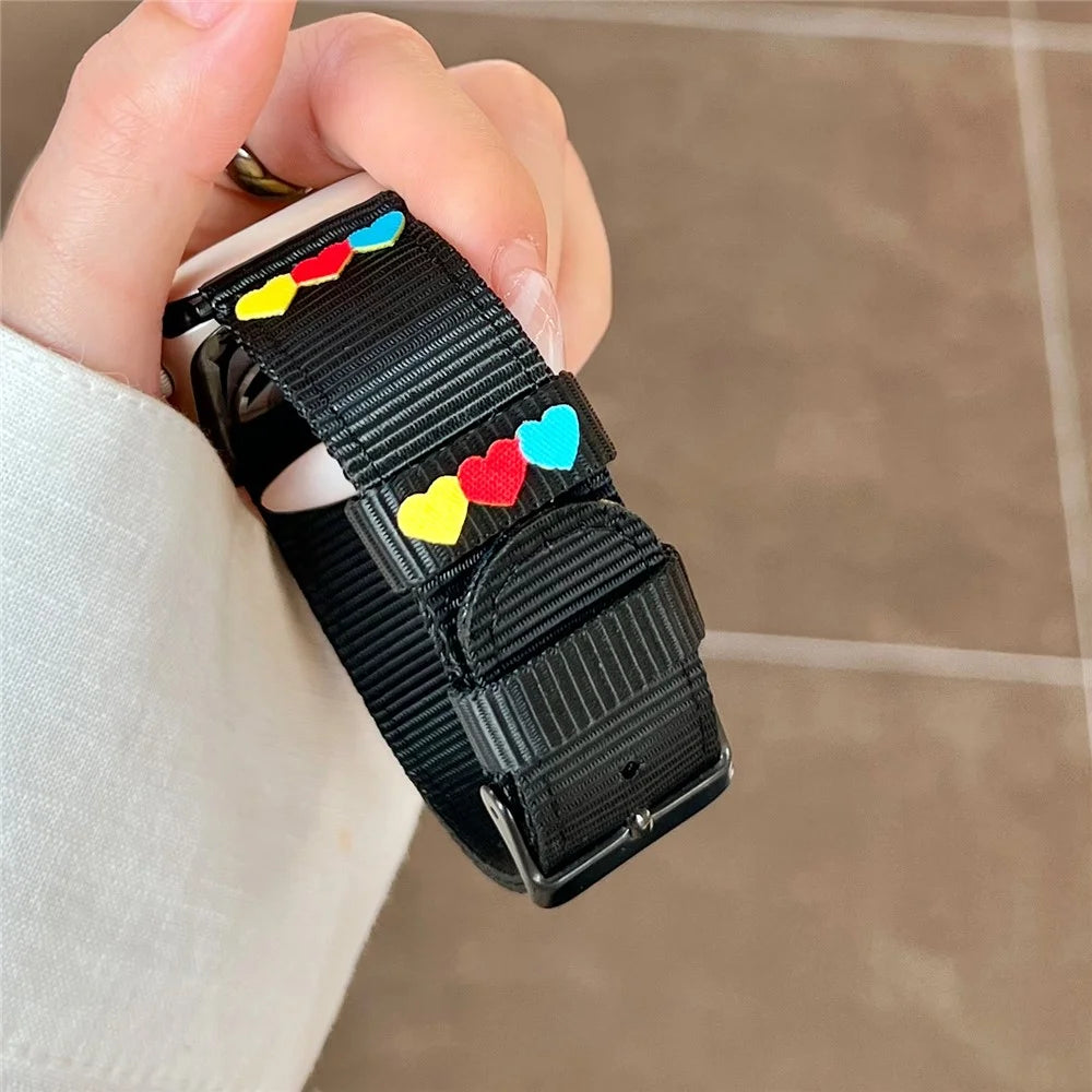 Canvas Watch Band for Apple Watch Series 11 10 42mm / 9 8 7 41mm / SE3 SE2 SE 6 5 4 40mm / 3 2 1 38mm Love Label Wrist Strap - Black - 7