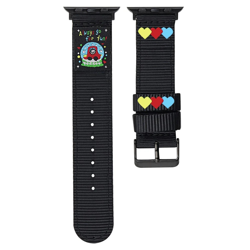 Canvas Watch Band for Apple Watch Ultra 3 2 1 49mm / Series 11 10 46mm / 9 8 7 45mm / SE3 SE2 SE 6 5 4 44mm / 3 2 1 42mm Love Label Wrist Strap - Black - 1