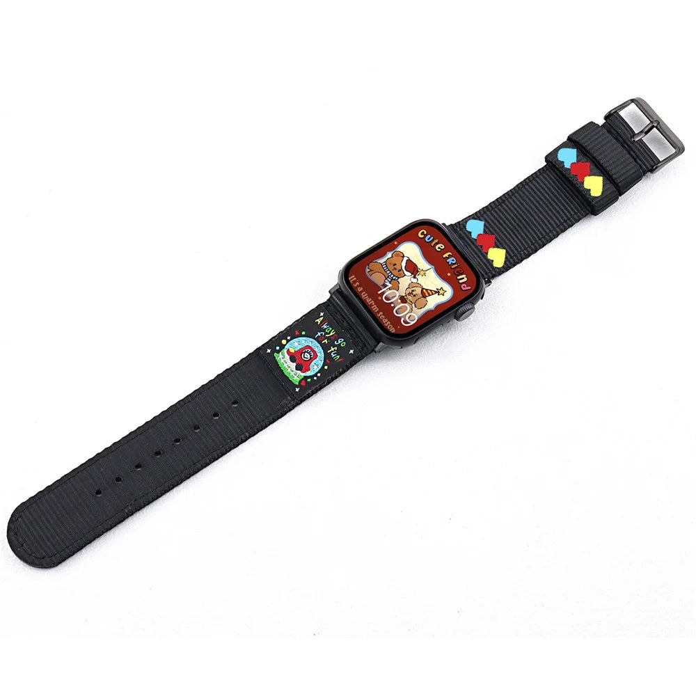 Canvas Watch Band for Apple Watch Ultra 3 2 1 49mm / Series 11 10 46mm / 9 8 7 45mm / SE3 SE2 SE 6 5 4 44mm / 3 2 1 42mm Love Label Wrist Strap - Black - 3