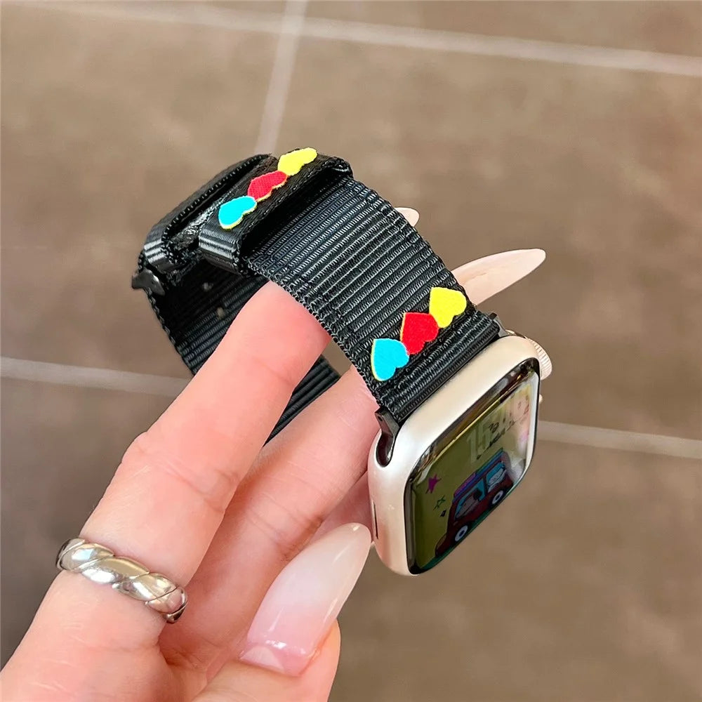 Canvas Watch Band for Apple Watch Ultra 3 2 1 49mm / Series 11 10 46mm / 9 8 7 45mm / SE3 SE2 SE 6 5 4 44mm / 3 2 1 42mm Love Label Wrist Strap - Black - 6