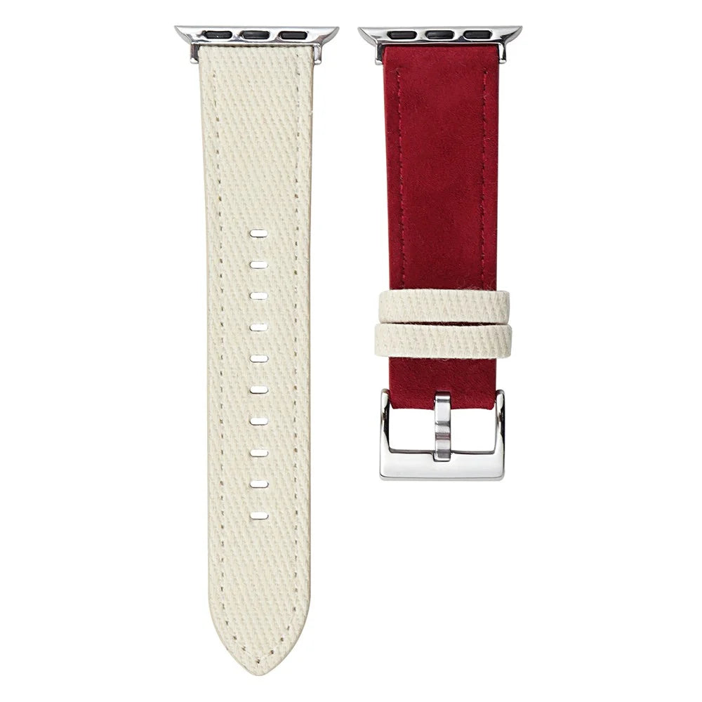 Splicing Color Watch Band for Apple Watch Series 11 10 42mm / 9 8 7 41mm / SE3 SE2 SE 6 5 4 40mm / 3 2 1 38mm Suede + Denim Wrist Strap - White + Red - 1
