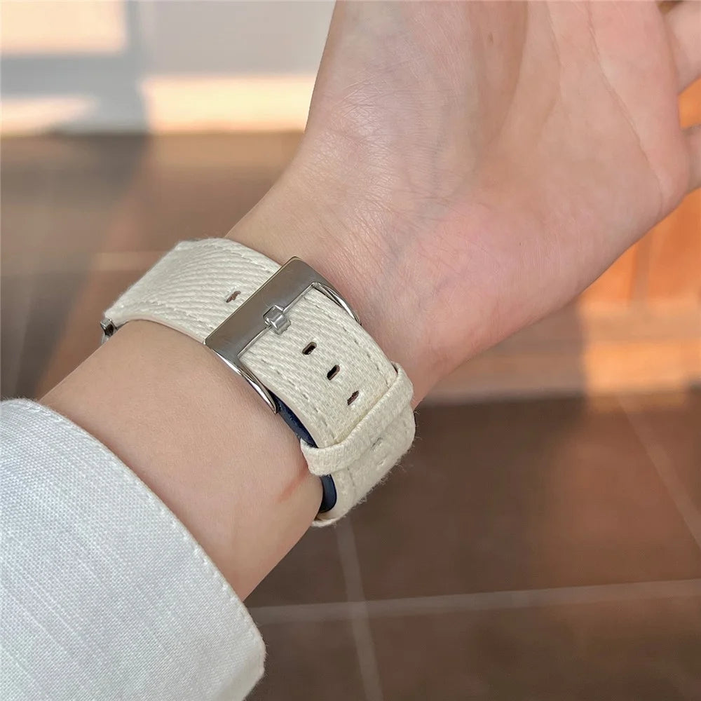 Splicing Color Watch Band for Apple Watch Series 11 10 42mm / 9 8 7 41mm / SE3 SE2 SE 6 5 4 40mm / 3 2 1 38mm Suede + Denim Wrist Strap - White + Red - 2
