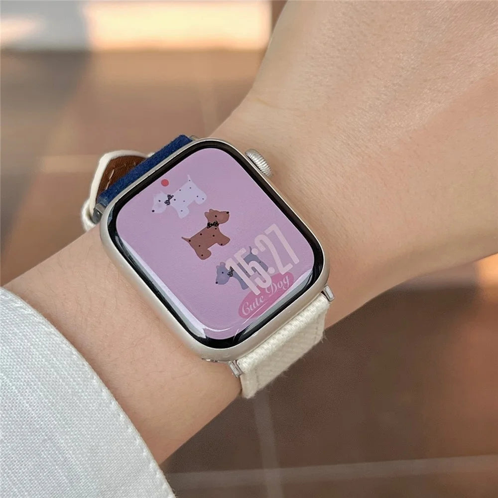 Splicing Color Watch Band for Apple Watch Series 11 10 42mm / 9 8 7 41mm / SE3 SE2 SE 6 5 4 40mm / 3 2 1 38mm Suede + Denim Wrist Strap - White + Red - 3