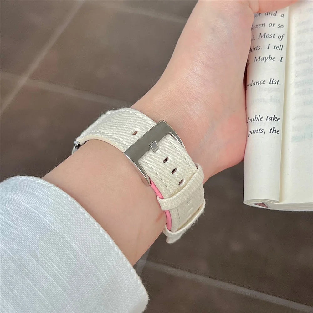 Splicing Color Watch Band for Apple Watch Series 11 10 42mm / 9 8 7 41mm / SE3 SE2 SE 6 5 4 40mm / 3 2 1 38mm Suede + Denim Wrist Strap - White + Red - 5