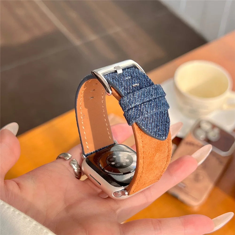 Splicing Color Watch Band for Apple Watch Series 11 10 42mm / 9 8 7 41mm / SE3 SE2 SE 6 5 4 40mm / 3 2 1 38mm Suede + Denim Wrist Strap - White + Red - 6