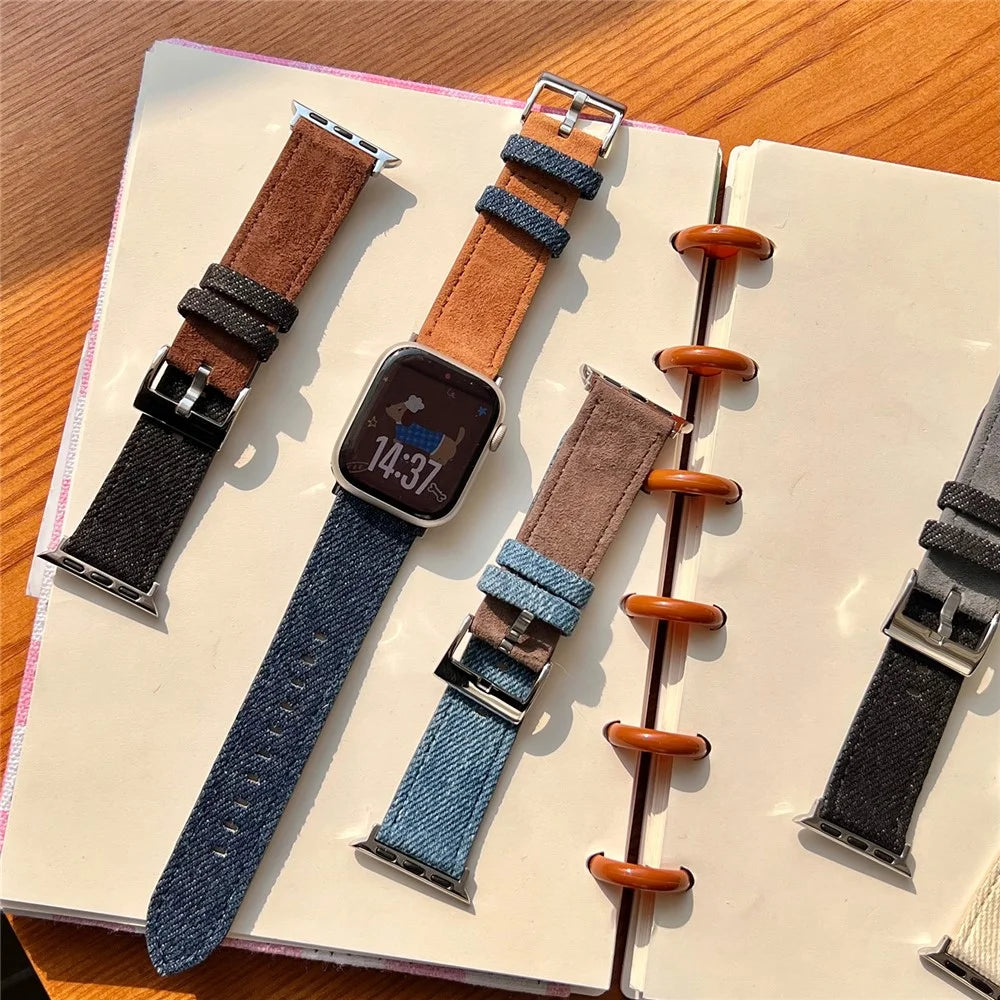 Splicing Color Watch Band for Apple Watch Series 11 10 42mm / 9 8 7 41mm / SE3 SE2 SE 6 5 4 40mm / 3 2 1 38mm Suede + Denim Wrist Strap - White + Red - 7