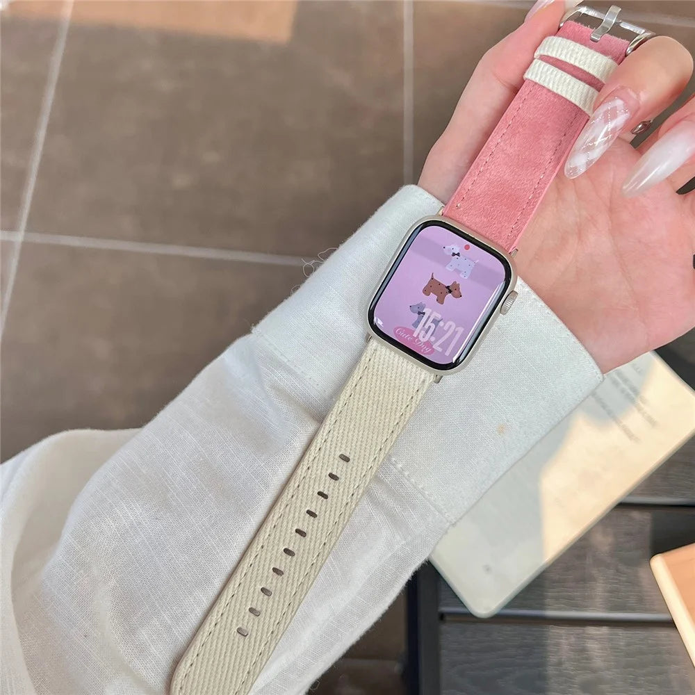Splicing Color Watch Band for Apple Watch Ultra 3 2 1 49mm / Series 11 10 46mm / 9 8 7 45mm / SE3 SE2 SE 6 5 4 44mm / 3 2 1 42mm Suede + Denim Strap - White + Pink - 4