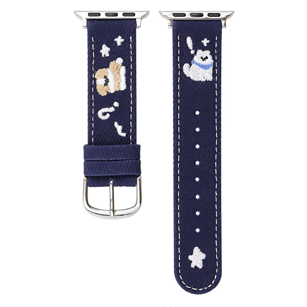 Denim Watch Band for Apple Watch Series 11 10 42mm / 9 8 7 41mm / SE3 SE2 SE 6 5 4 40mm / 3 2 1 38mm Embroidered Dog Star Strap - Dark Blue - 1