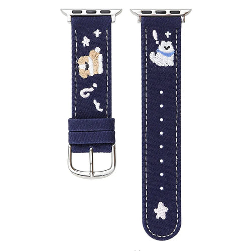 Denim Watch Band for Apple Watch Series 11 10 42mm / 9 8 7 41mm / SE3 SE2 SE 6 5 4 40mm / 3 2 1 38mm Embroidered Dog Star Strap - Dark Blue - 1