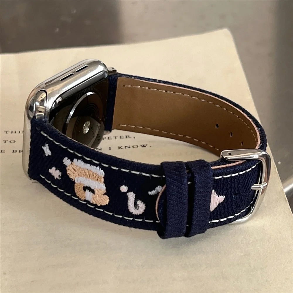 Denim Watch Band for Apple Watch Series 11 10 42mm / 9 8 7 41mm / SE3 SE2 SE 6 5 4 40mm / 3 2 1 38mm Embroidered Dog Star Strap - Dark Blue - 2
