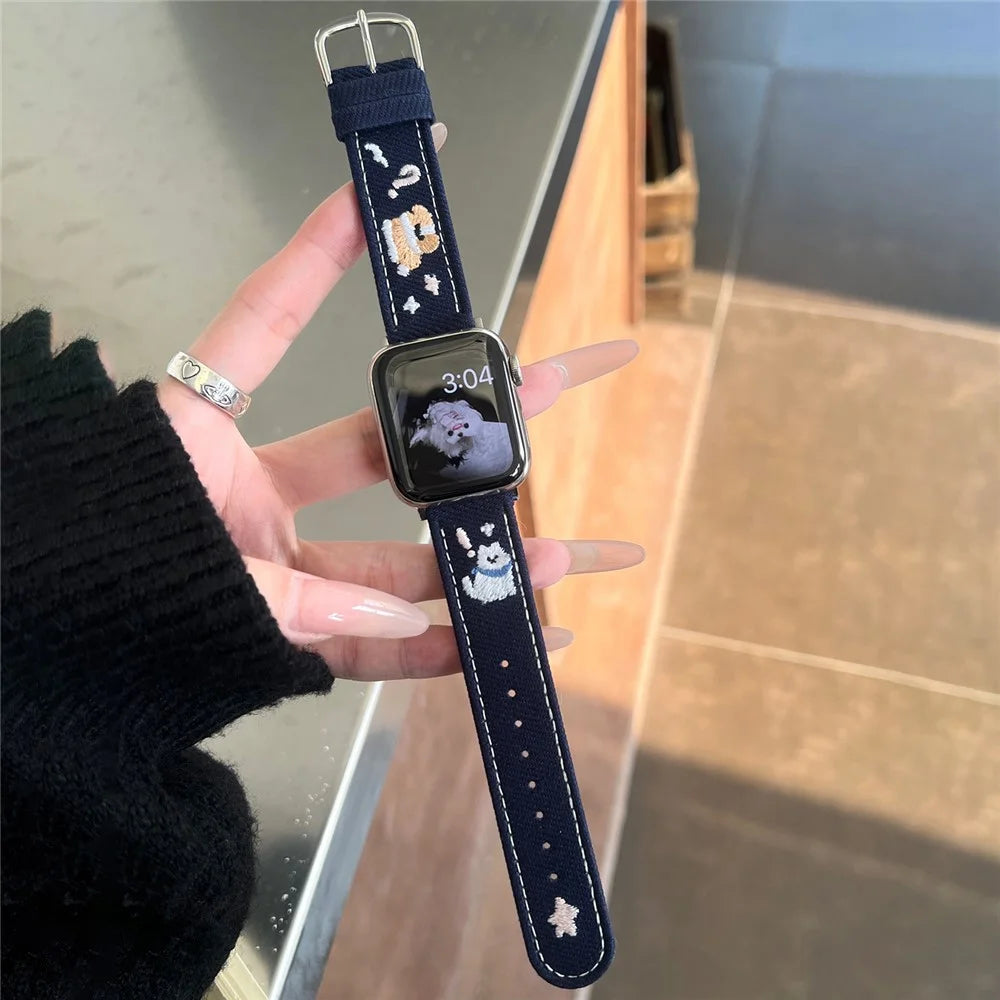 Denim Watch Band for Apple Watch Series 11 10 42mm / 9 8 7 41mm / SE3 SE2 SE 6 5 4 40mm / 3 2 1 38mm Embroidered Dog Star Strap - Dark Blue - 3
