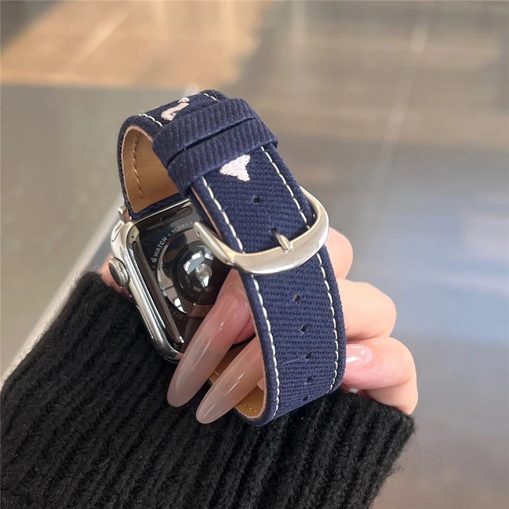 Denim Watch Band for Apple Watch Series 11 10 42mm / 9 8 7 41mm / SE3 SE2 SE 6 5 4 40mm / 3 2 1 38mm Embroidered Dog Star Strap - Dark Blue - 4