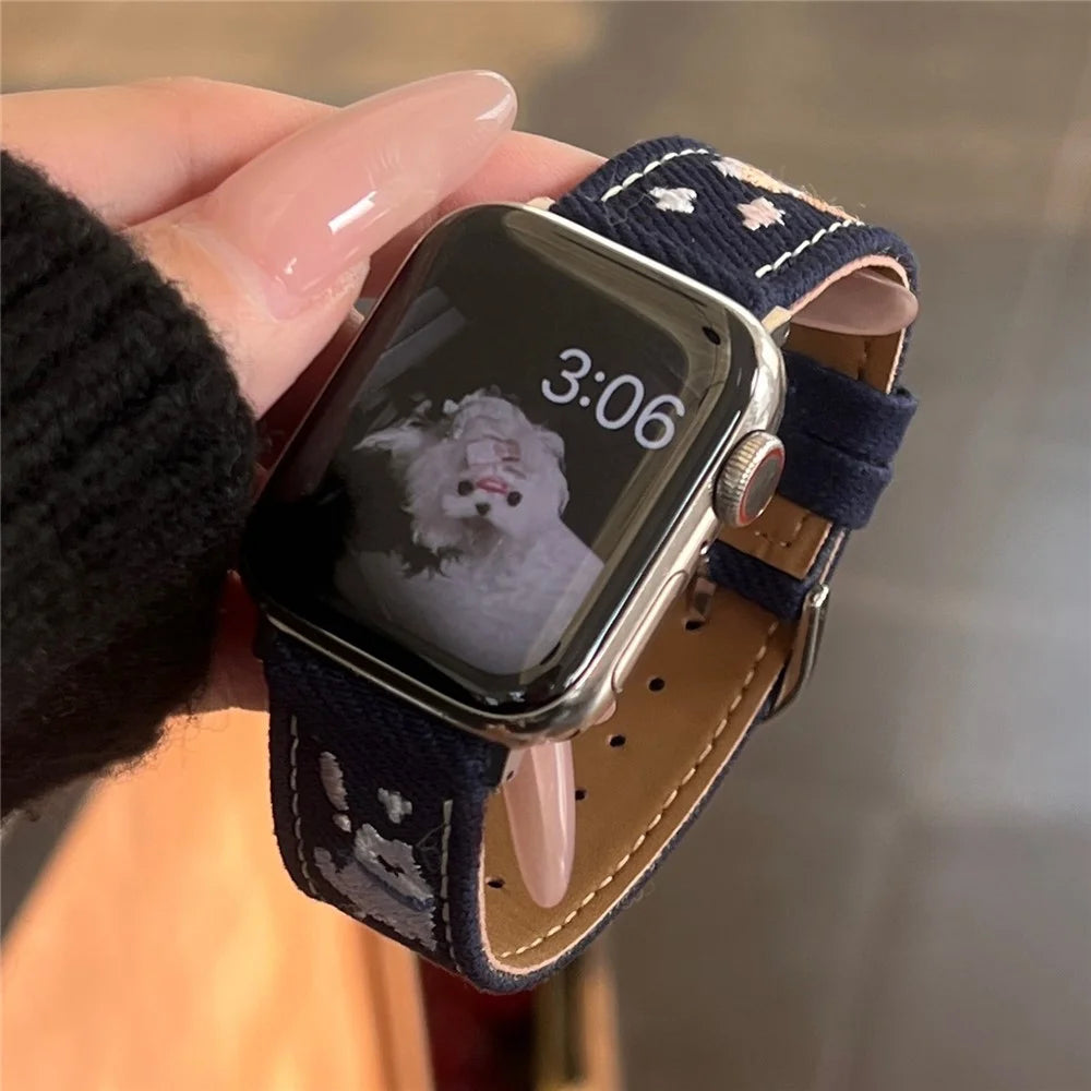 Denim Watch Band for Apple Watch Series 11 10 42mm / 9 8 7 41mm / SE3 SE2 SE 6 5 4 40mm / 3 2 1 38mm Embroidered Dog Star Strap - Dark Blue - 5
