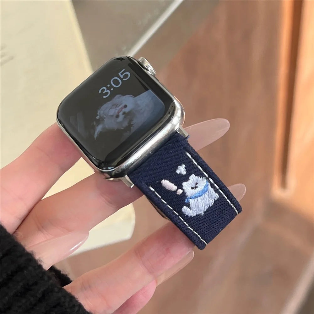 Denim Watch Band for Apple Watch Series 11 10 42mm / 9 8 7 41mm / SE3 SE2 SE 6 5 4 40mm / 3 2 1 38mm Embroidered Dog Star Strap - Dark Blue - 6