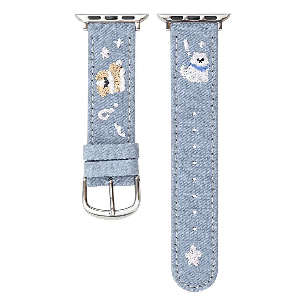 Denim Watch Band for Apple Watch Ultra 3 2 1 49mm / Series 11 10 46mm / 9 8 7 45mm / SE3 SE2 SE 6 5 4 44mm / 3 2 1 42mm Embroidered Dog Star Strap - Blue - 1