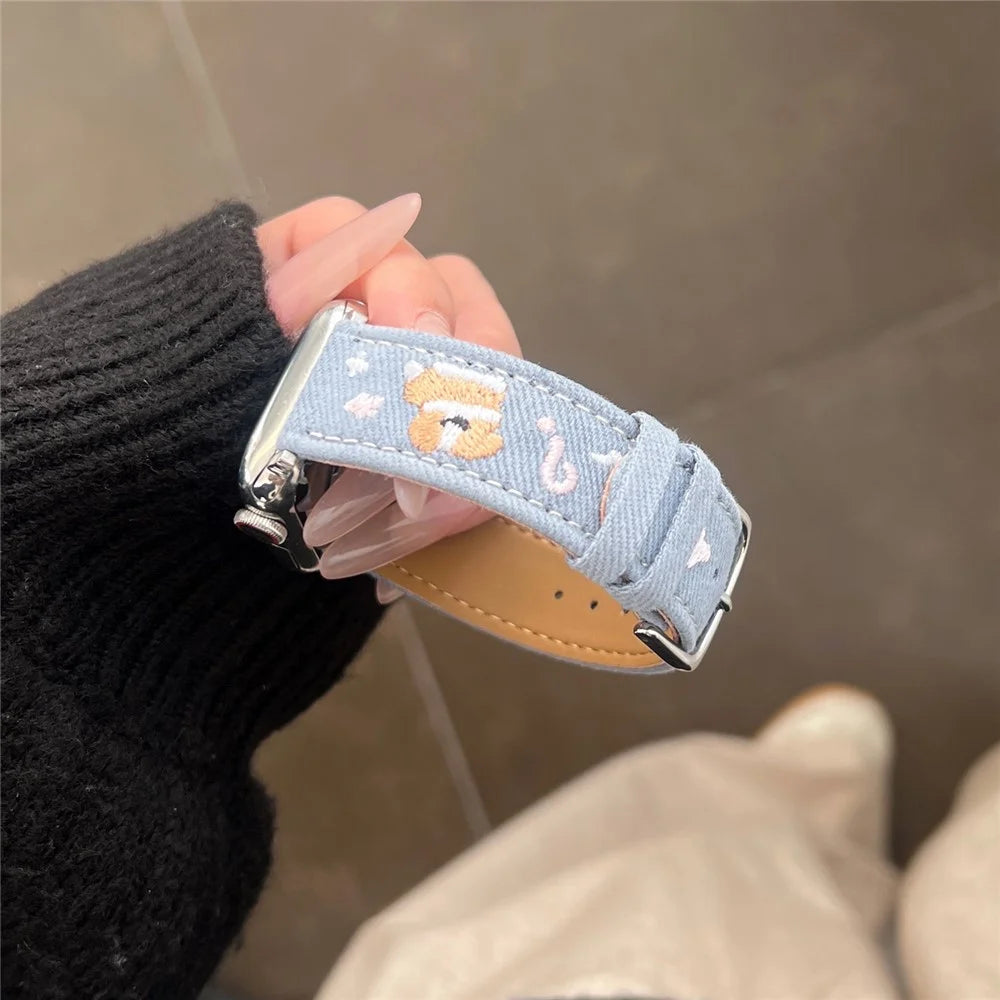 Denim Watch Band for Apple Watch Ultra 3 2 1 49mm / Series 11 10 46mm / 9 8 7 45mm / SE3 SE2 SE 6 5 4 44mm / 3 2 1 42mm Embroidered Dog Star Strap - Blue - 2