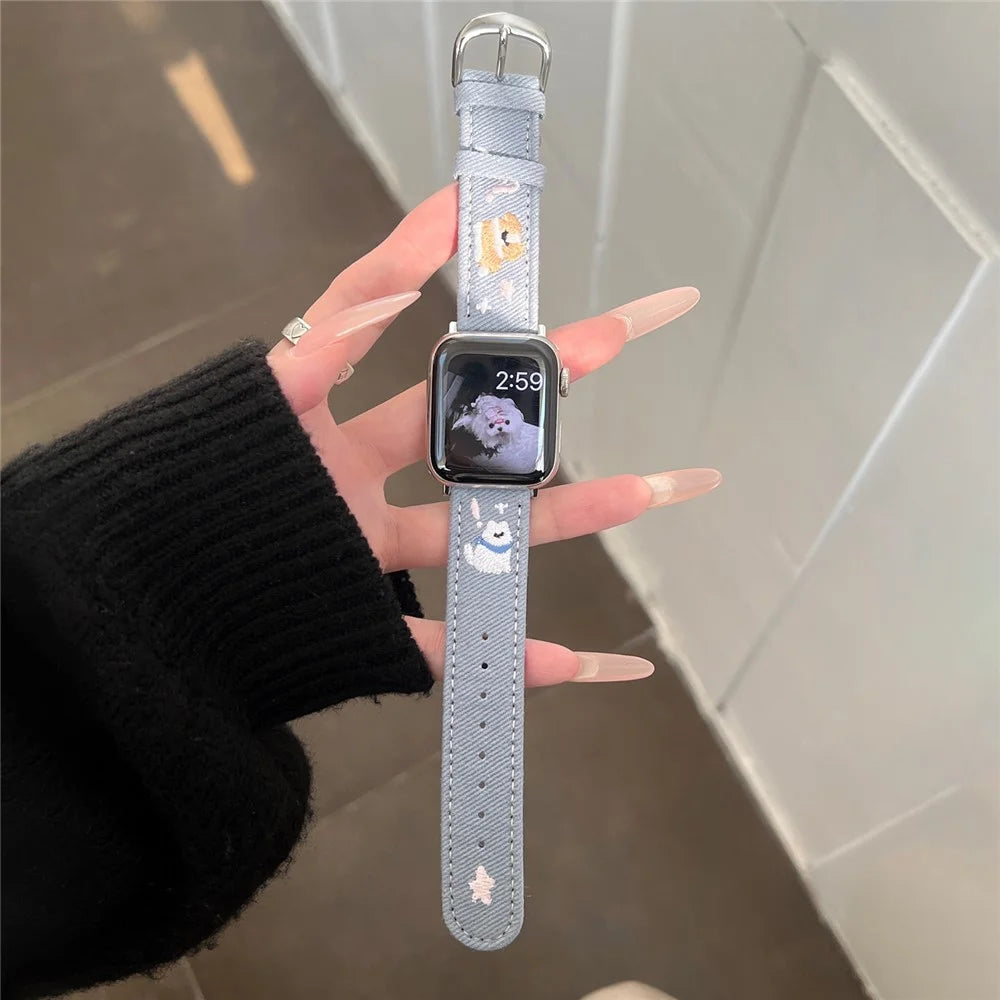 Denim Watch Band for Apple Watch Ultra 3 2 1 49mm / Series 11 10 46mm / 9 8 7 45mm / SE3 SE2 SE 6 5 4 44mm / 3 2 1 42mm Embroidered Dog Star Strap - Blue - 3