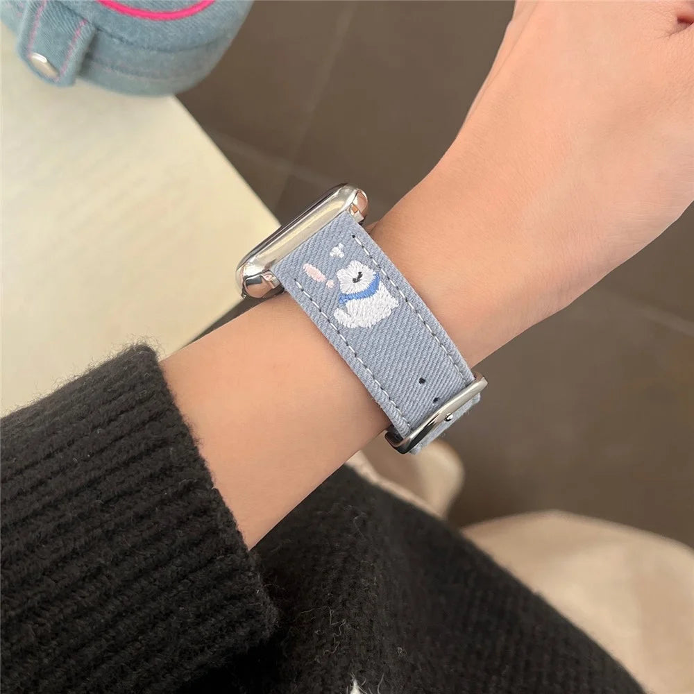 Denim Watch Band for Apple Watch Ultra 3 2 1 49mm / Series 11 10 46mm / 9 8 7 45mm / SE3 SE2 SE 6 5 4 44mm / 3 2 1 42mm Embroidered Dog Star Strap - Blue - 4
