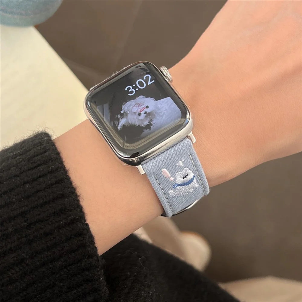 Denim Watch Band for Apple Watch Ultra 3 2 1 49mm / Series 11 10 46mm / 9 8 7 45mm / SE3 SE2 SE 6 5 4 44mm / 3 2 1 42mm Embroidered Dog Star Strap - Blue - 5