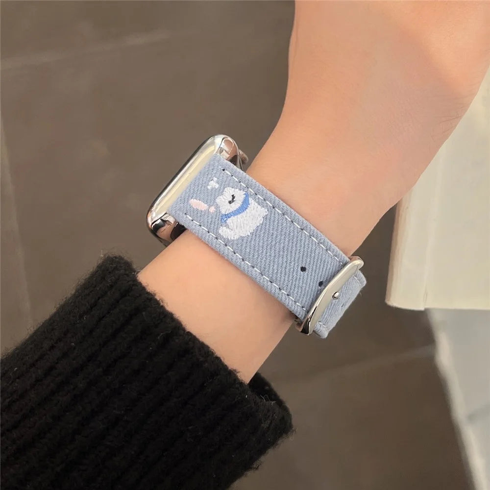 Denim Watch Band for Apple Watch Ultra 3 2 1 49mm / Series 11 10 46mm / 9 8 7 45mm / SE3 SE2 SE 6 5 4 44mm / 3 2 1 42mm Embroidered Dog Star Strap - Blue - 6