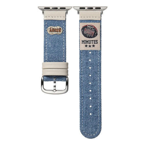 Denim Watch Band for Apple Watch Ultra 3 2 1 49mm / Series 11 10 46mm / 9 8 7 45mm / SE3 SE2 SE 6 5 4 44mm / 3 2 1 42mm Retro Replacement Strap - American Football / White - 1