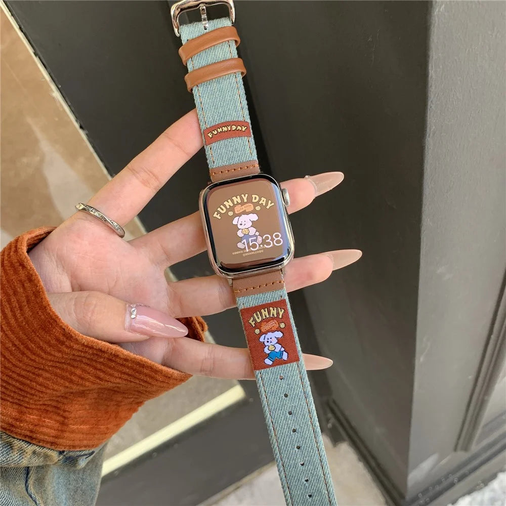 Denim Watch Band for Apple Watch Ultra 3 2 1 49mm / Series 11 10 46mm / 9 8 7 45mm / SE3 SE2 SE 6 5 4 44mm / 3 2 1 42mm Retro Replacement Strap - American Football / White - 2