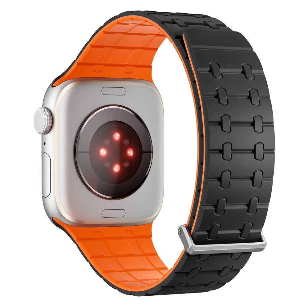 Magnetic Watch Band for Apple Watch Ultra 3 2 1 49mm / Series 11 10 46mm / 9 8 7 45mm / SE3 SE2 SE 6 5 4 44mm / 3 2 1 42mm Replacement Silicone Strap - Black+Orange - 1
