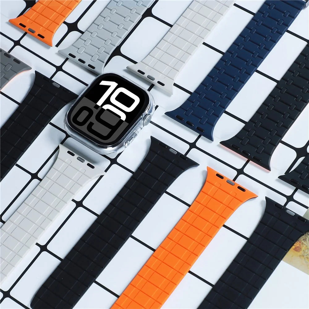 Magnetic Watch Band for Apple Watch Ultra 3 2 1 49mm / Series 11 10 46mm / 9 8 7 45mm / SE3 SE2 SE 6 5 4 44mm / 3 2 1 42mm Replacement Silicone Strap - Black+Orange - 5