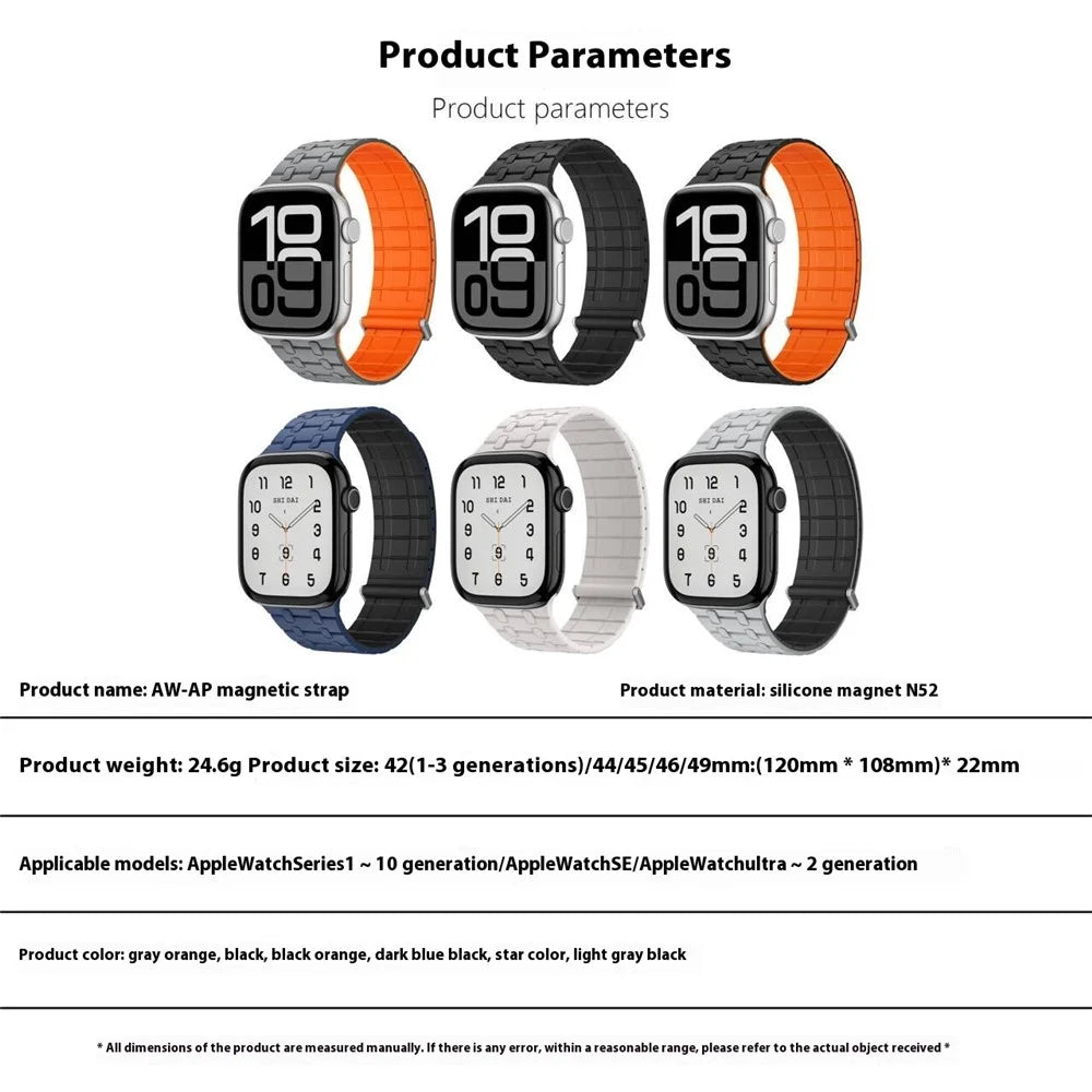Magnetic Watch Band for Apple Watch Ultra 3 2 1 49mm / Series 11 10 46mm / 9 8 7 45mm / SE3 SE2 SE 6 5 4 44mm / 3 2 1 42mm Replacement Silicone Strap - Black+Orange - 6