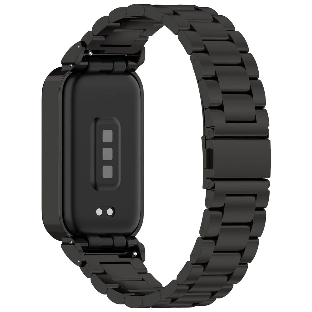 For Xiaomi Smart Band 9 Active / Redmi Band 3 Metal Frame Watch Case Integrated Three Bead Stainless Steel Strap - Black - 1