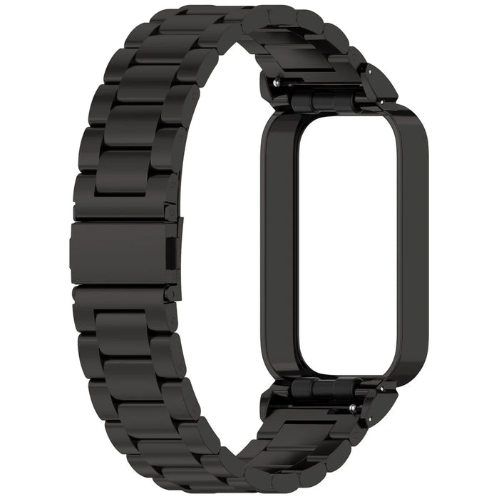 For Xiaomi Smart Band 9 Active / Redmi Band 3 Metal Frame Watch Case Integrated Three Bead Stainless Steel Strap - Black - 2