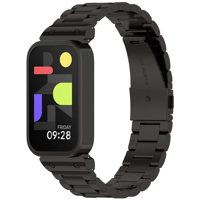 For Xiaomi Smart Band 9 Active / Redmi Band 3 Metal Frame Watch Case Integrated Three Bead Stainless Steel Strap - Black - 4