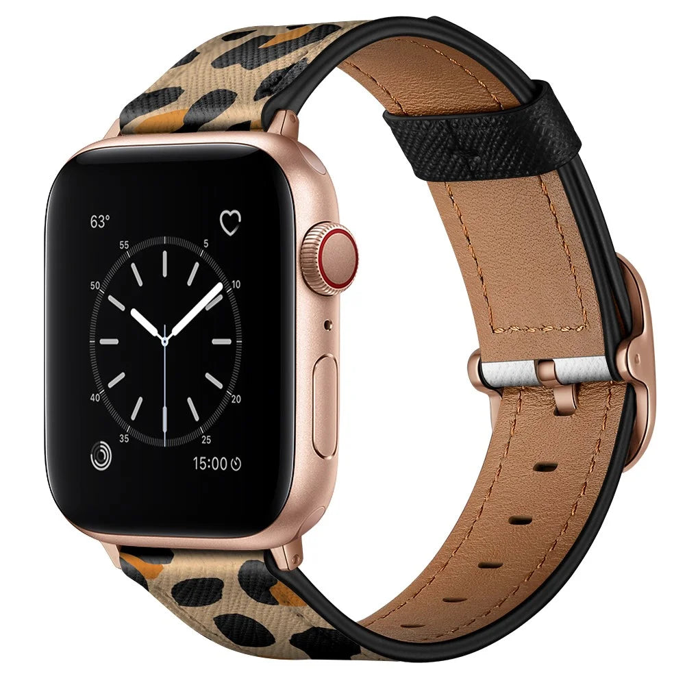 Printed Genuine Leather Watch Band for Apple Watch Series 10 42mm / 9 8 7 41mm / 6 5 4 SE SE (2022) SE (2023) 40mm / 3 2 1 38mm - Yello Leopard Print - 2