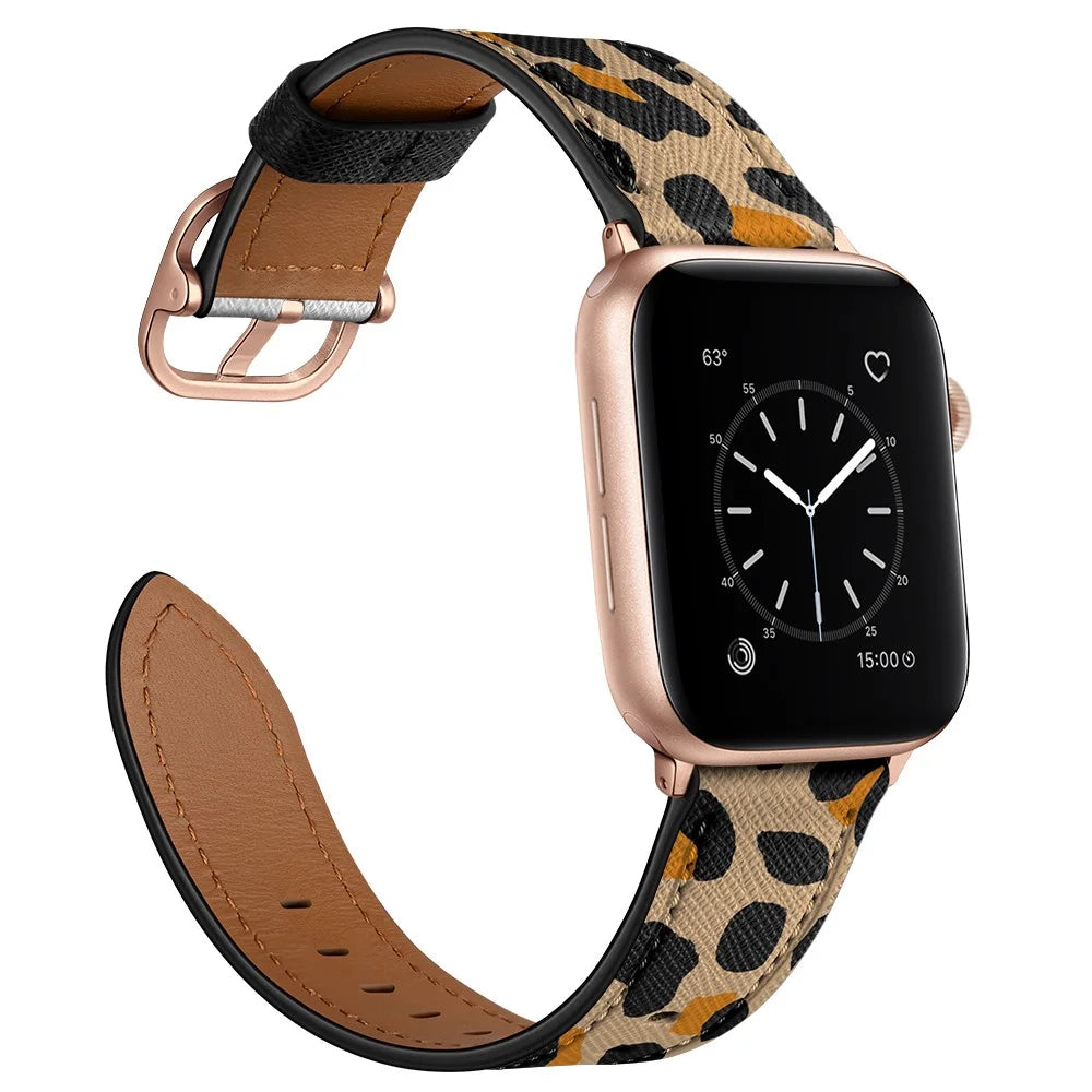 Printed Genuine Leather Watch Band for Apple Watch Series 10 42mm / 9 8 7 41mm / 6 5 4 SE SE (2022) SE (2023) 40mm / 3 2 1 38mm - Yello Leopard Print - 4