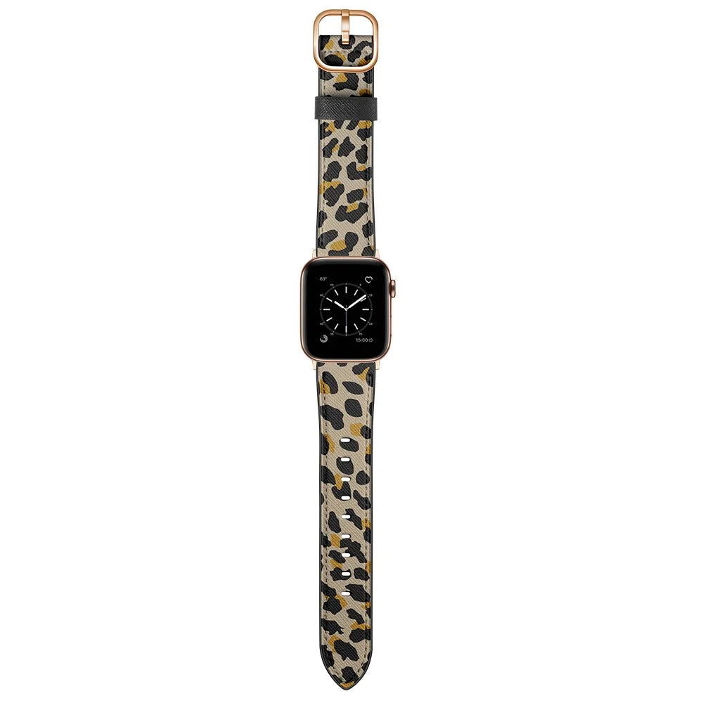Printed Genuine Leather Watch Band for Apple Watch Series 10 42mm / 9 8 7 41mm / 6 5 4 SE SE (2022) SE (2023) 40mm / 3 2 1 38mm - Yello Leopard Print - 5