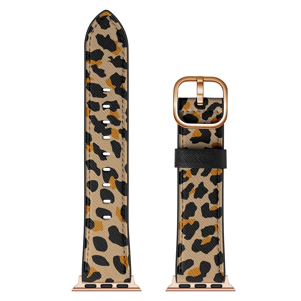 Printed Genuine Leather Watch Band for Apple Watch Series 10 42mm / 9 8 7 41mm / 6 5 4 SE SE (2022) SE (2023) 40mm / 3 2 1 38mm - Yello Leopard Print - 6