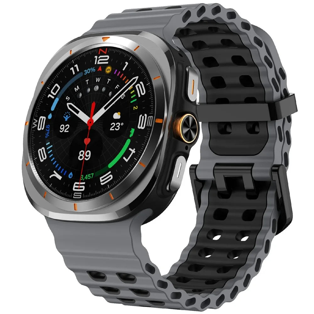 KALEBOL For Samsung Galaxy Watch Ultra2 47mm / Watch Ultra (2025) 47mm / Watch Ultra 47mm Silicone Watch Band Dual Color Ocean Wrist Strap - Grey+Black - 2