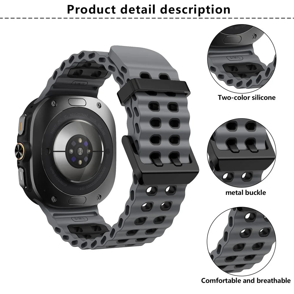 KALEBOL For Samsung Galaxy Watch Ultra2 47mm / Watch Ultra (2025) 47mm / Watch Ultra 47mm Silicone Watch Band Dual Color Ocean Wrist Strap - Grey+Black - 6