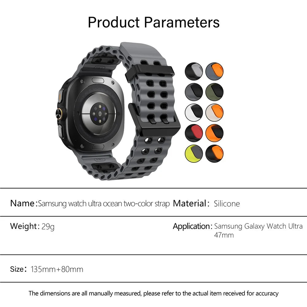 KALEBOL For Samsung Galaxy Watch Ultra2 47mm / Watch Ultra (2025) 47mm / Watch Ultra 47mm Silicone Watch Band Dual Color Ocean Wrist Strap - Grey+Black - 7