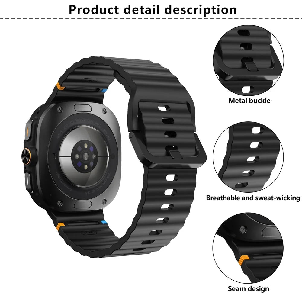 KALEBOL For Samsung Galaxy Watch Ultra2 47mm / Watch Ultra (2025) 47mm / Watch Ultra 47mm Silicone Watch Band Wave Stitch Adjustable  Strap - Black - 6