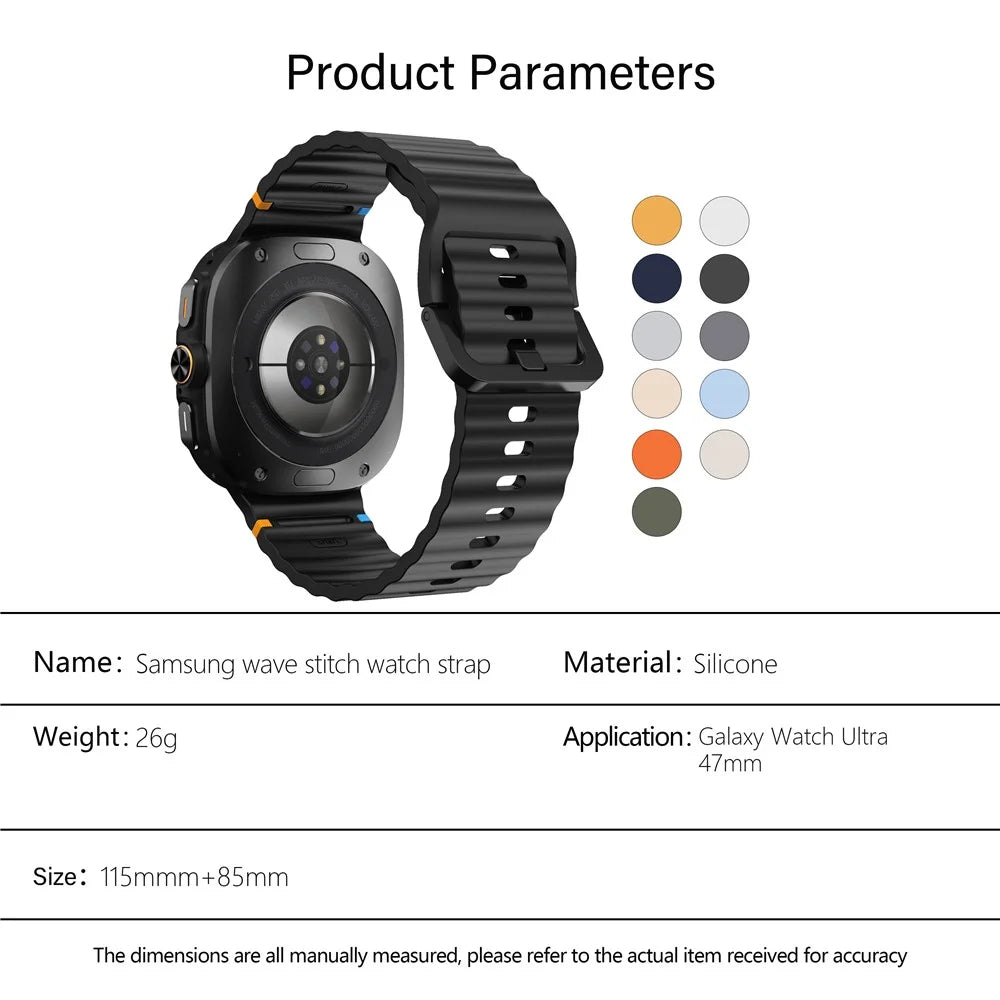 KALEBOL For Samsung Galaxy Watch Ultra2 47mm / Watch Ultra (2025) 47mm / Watch Ultra 47mm Silicone Watch Band Wave Stitch Adjustable  Strap - Black - 7