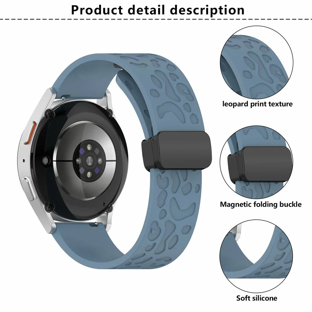 KALEBOL 20mm Magnetic Silicone Strap for Samsung Galaxy Watch6 Classic 47mm / 43mm / Huawei Watch GT 3 Pro 43mm Leopard Print Watch Band - Cyan - 6