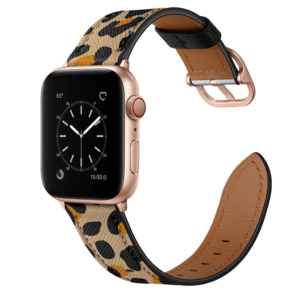 Stylish Printed Genuine Leather Watch Band for Apple Watch Ultra 3 2 1 49mm / Series 11 10 46mm / 9 8 7 45mm / SE3 SE2 SE 6 5 4 44mm / 3 2 1 42mm - Yellow Leopard Print - 2