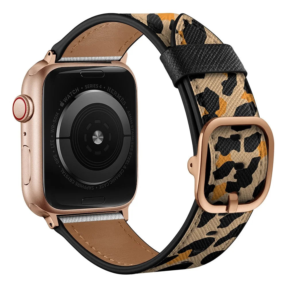 Stylish Printed Genuine Leather Watch Band for Apple Watch Ultra 3 2 1 49mm / Series 11 10 46mm / 9 8 7 45mm / SE3 SE2 SE 6 5 4 44mm / 3 2 1 42mm - Yellow Leopard Print - 3