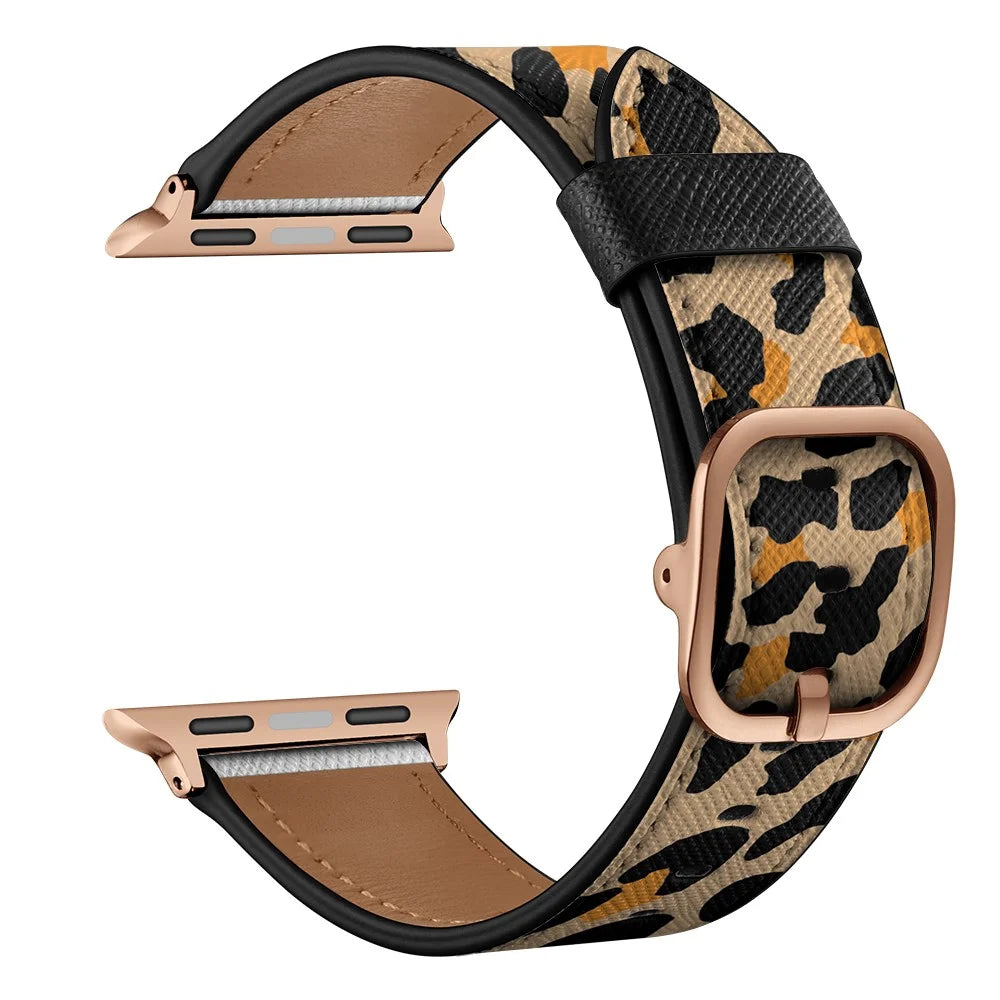 Stylish Printed Genuine Leather Watch Band for Apple Watch Ultra 3 2 1 49mm / Series 11 10 46mm / 9 8 7 45mm / SE3 SE2 SE 6 5 4 44mm / 3 2 1 42mm - Yellow Leopard Print - 6