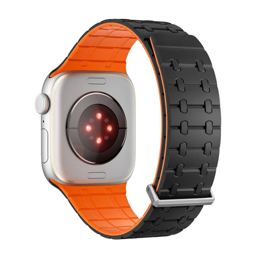 KALEBOL Magnetic Watch Band for Apple Watch Ultra 3 2 1 49mm / Series 11 10 46mm / 9 8 7 45mm / SE3 SE2 SE 6 5 4 44mm / 3 2 1 42mm Silicone Strap - Black + Orange - 1