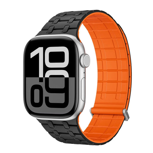 KALEBOL Magnetic Watch Band for Apple Watch Ultra 3 2 1 49mm / Series 11 10 46mm / 9 8 7 45mm / SE3 SE2 SE 6 5 4 44mm / 3 2 1 42mm Silicone Strap - Black + Orange - 2