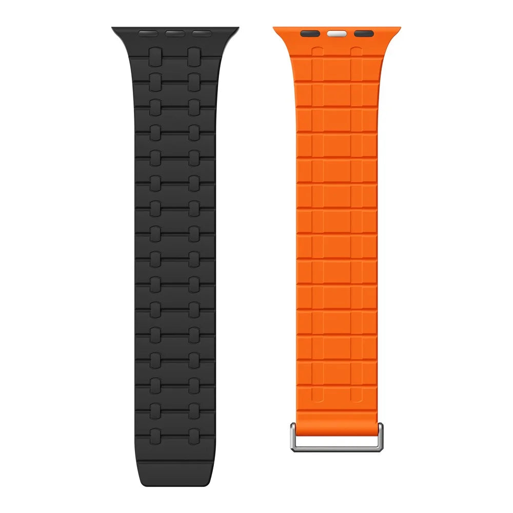 KALEBOL Magnetic Watch Band for Apple Watch Ultra 3 2 1 49mm / Series 11 10 46mm / 9 8 7 45mm / SE3 SE2 SE 6 5 4 44mm / 3 2 1 42mm Silicone Strap - Black + Orange - 3